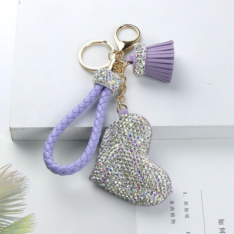 Wholesale Diamond Studded Peach Heart Tassel Leather Keychain